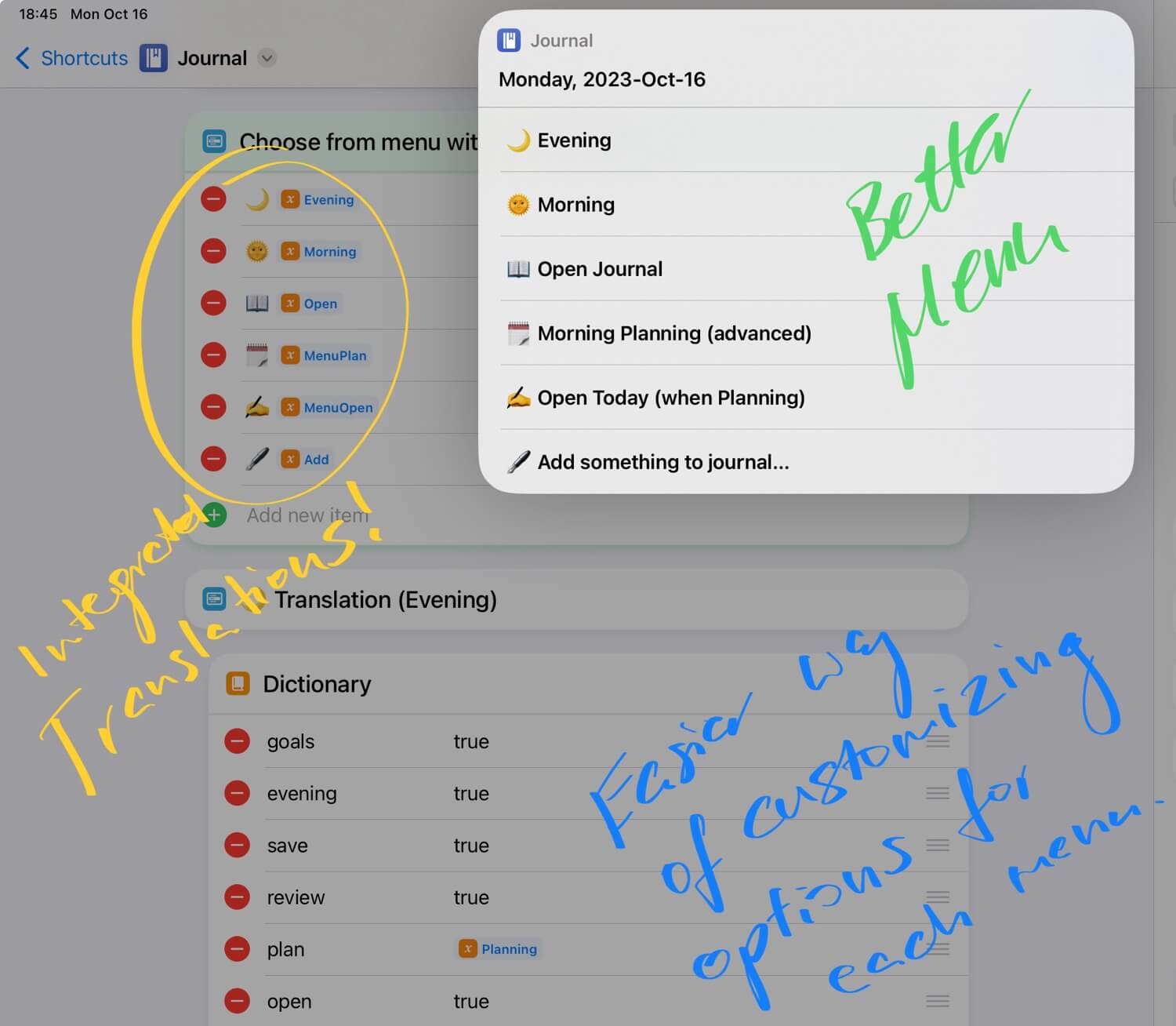 Journaling Shortcut version 3 - simplified, improved and with Apple Notes support Menu